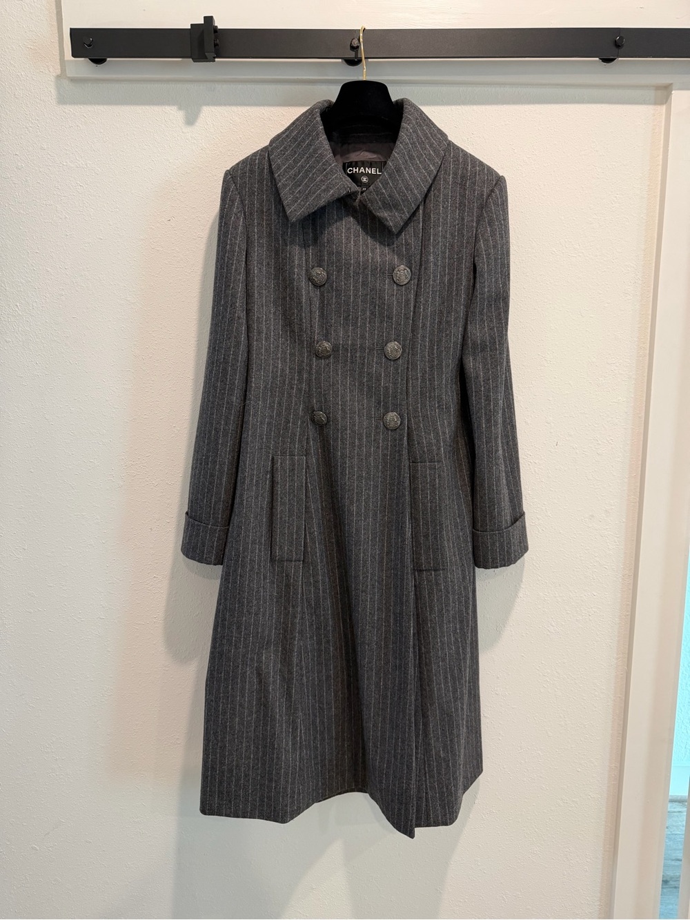 CHANEL Charcoal Pinstripe Wool Coat